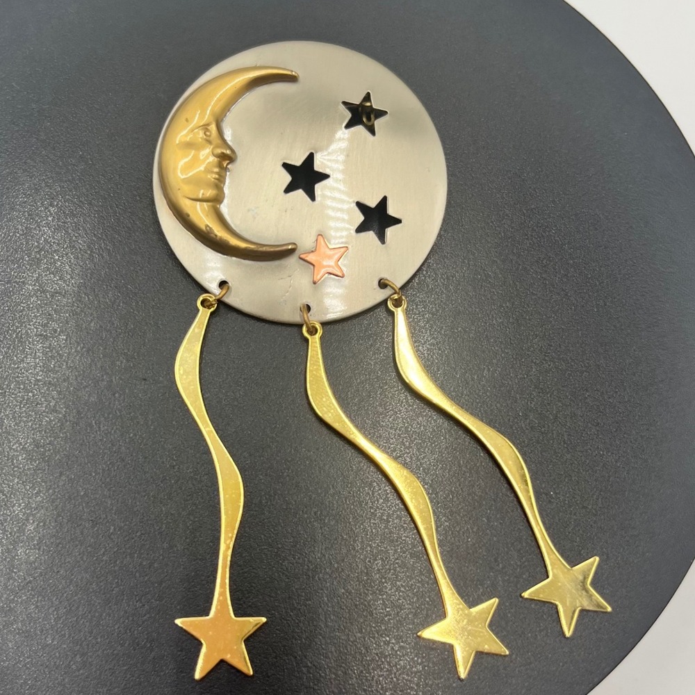 VIntage Celestial Crescent Brass  Moon Man Dangling Shooting Star Brooch 1980's